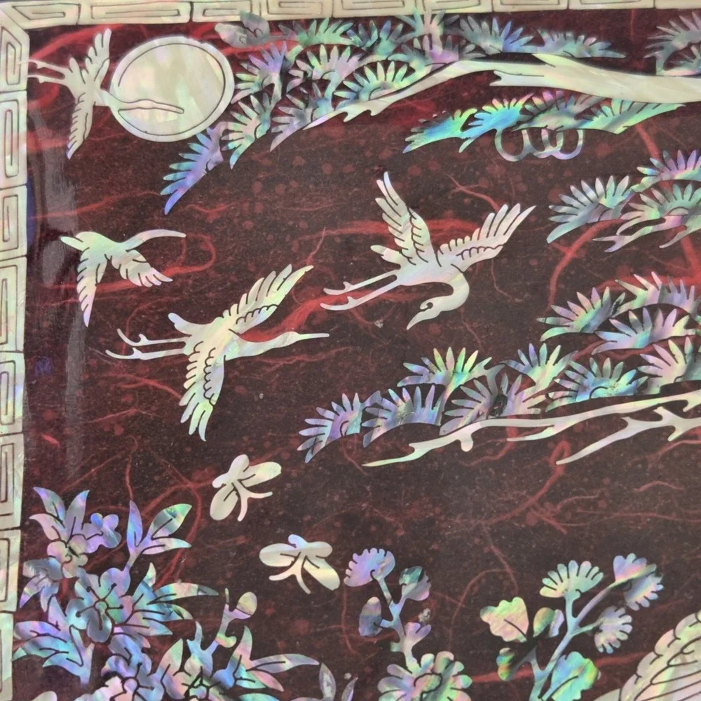Korean Najeon Chilgi Lacquer Jewelry/Music Box With Mother Of Pearl Crane Motif
